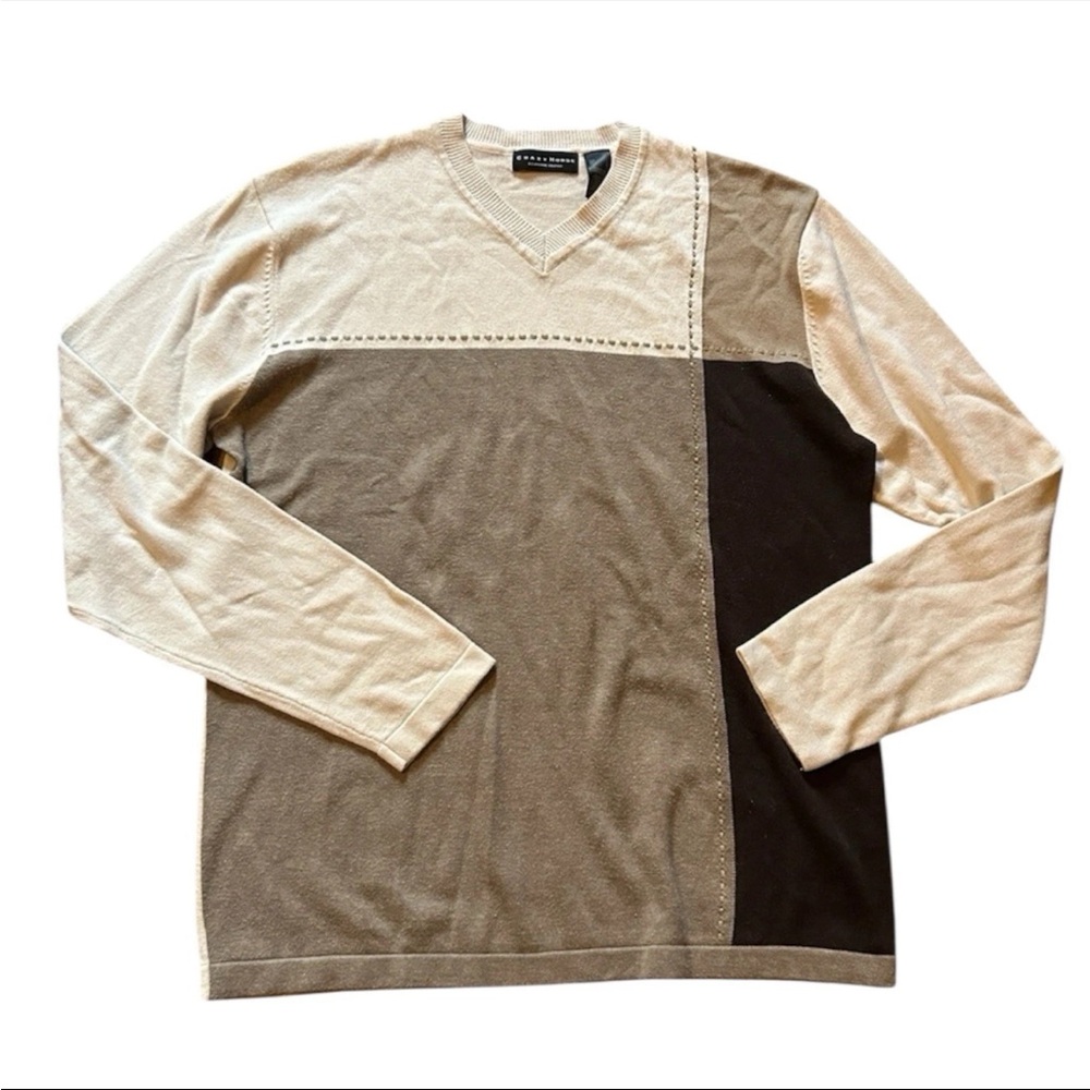 Mens Crazy Horse Classy Brown and Tan Stitch Sweater Size Large